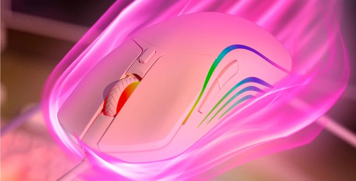 Cinco mouses rosas com opções sem fio, silenciosas e gamer