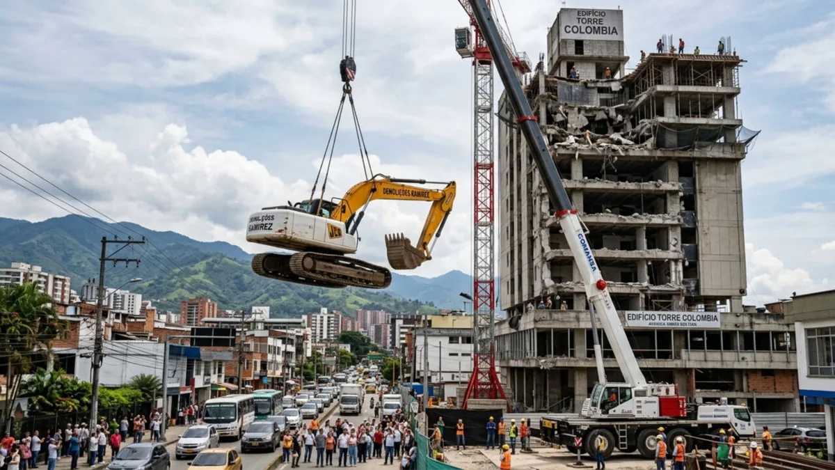 Retroescavadeira é içada até cobertura de edifício na Colômbia