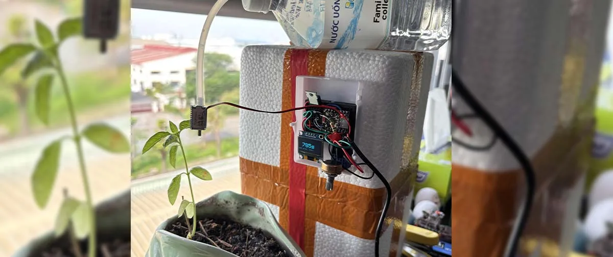 Protótipo com ESP32-C3 automatiza rega de planta com garrafa reutilizada